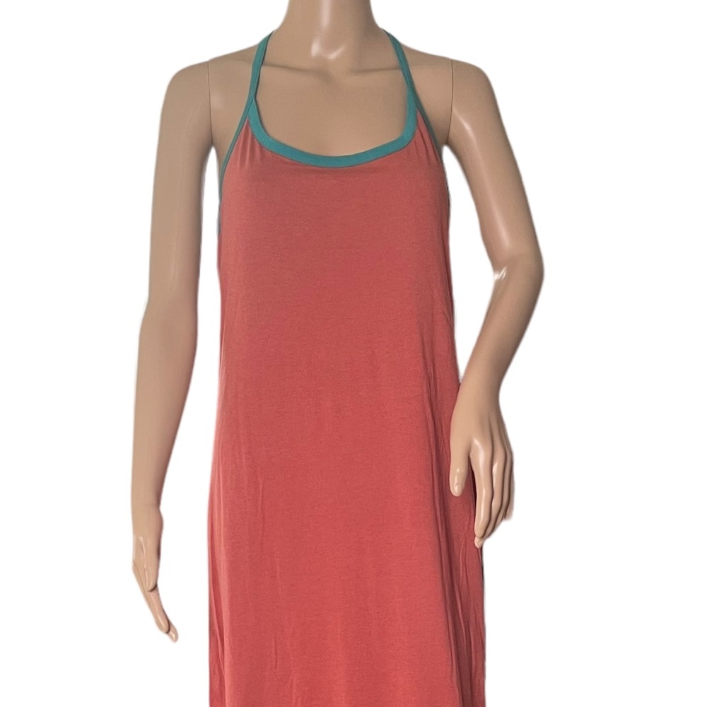 Threads 4 Thought    T-Back Halter Maxi Dress Rusty Pink w Turquoise Trim  MED